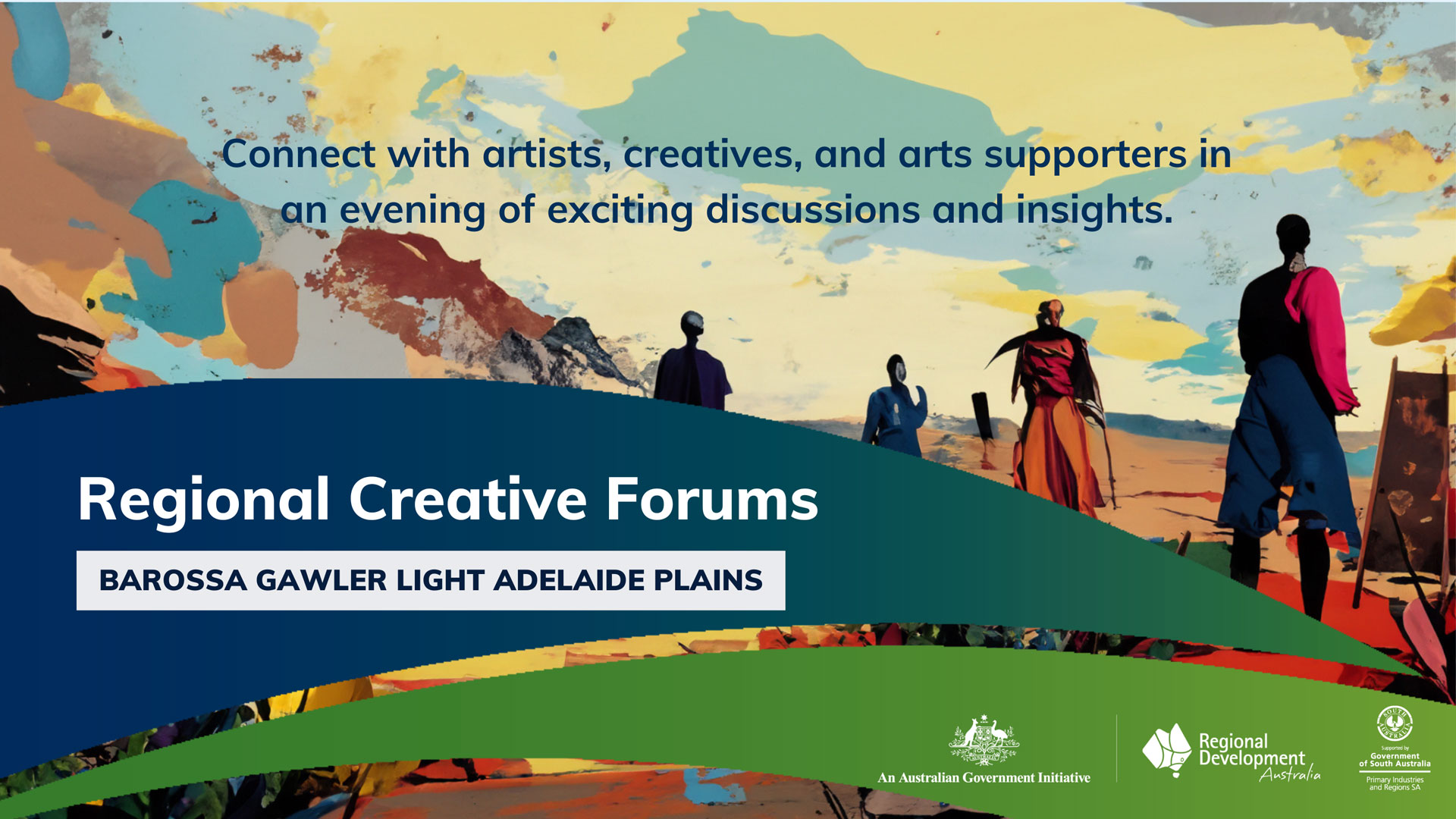 Connect with artists, creatives, and arts supporters in an evening of exciting discussions and insights. Regional Creative Forums Barossa Gawler Light Adelaide Plains. Artists on a landscape in painting style.