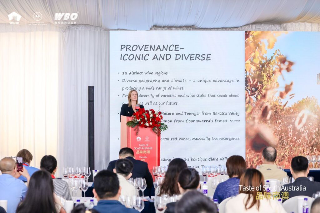 A speaker in front of an audience at the Taste of SA delegation in China