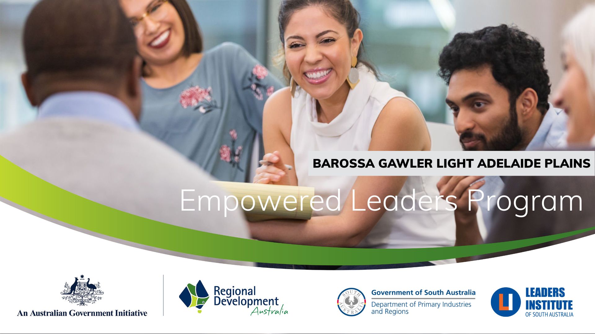 A banner image showing diverse people smiling and discussing, with the title ‘Empowered Leaders Program’ and logos of Regional Development Australia, Government of South Australia, and Leaders Institute of South Australia