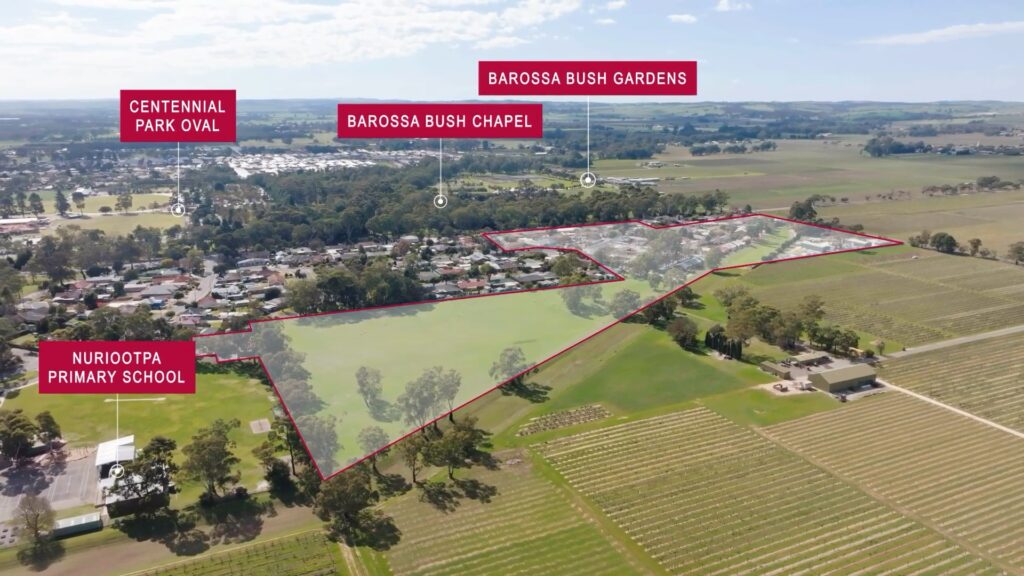 Barossa Village Heritage Park Precinct Project aerial shot showing the proposed boundary, and nearby Nuriootpa Primary School, Centennial Park Oval, Barossa Bush Chapel, Barossa Bush Gardens.