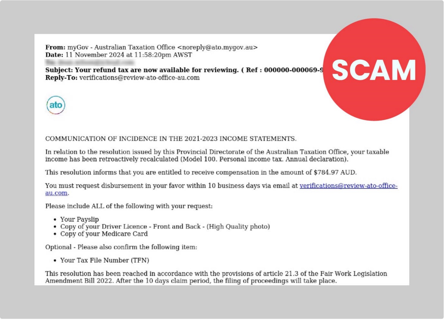 Scam phishing email example