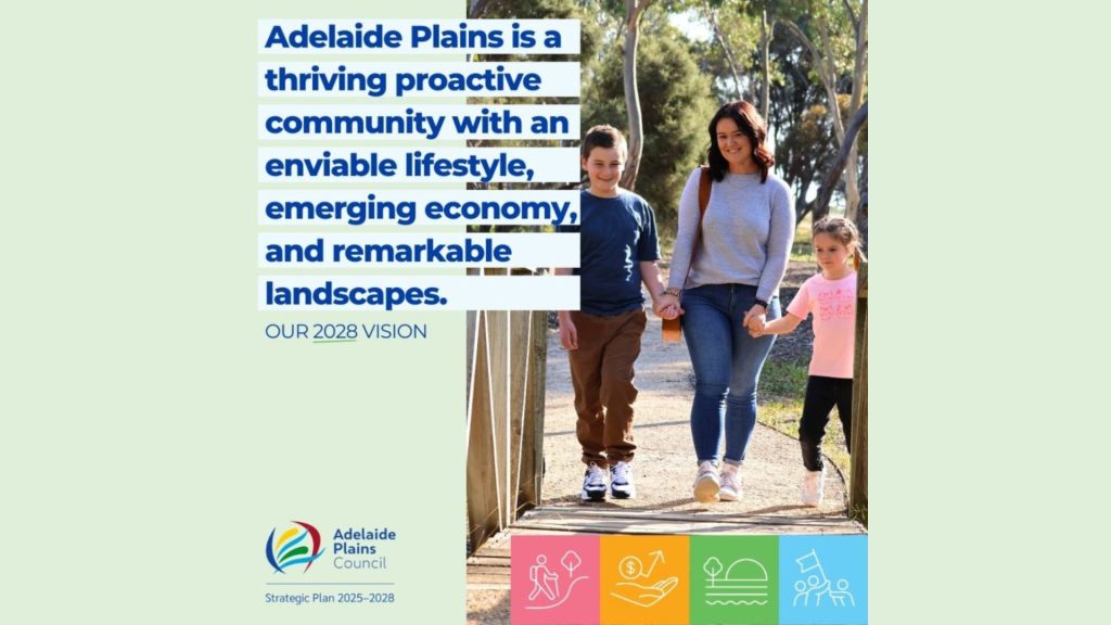 Adelaide Plains Council’s Strategic Plan 2025–2028 outlines a vision for a thriving community, emerging economy, preserved landscapes, and proactive leadership to guide regional growth.