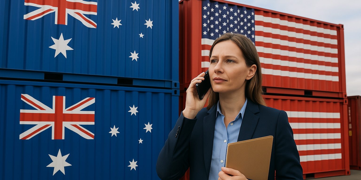 12948738-4178-4cb9-b0b2-43cffe57a810 A person on the phone in front of two shipping containers with US and AUS flags.