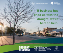 Empty small town street with closed businesses; bare tree in the foreground